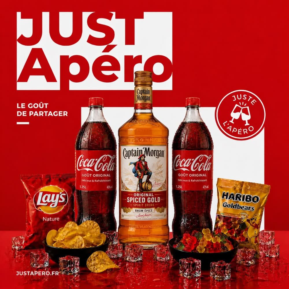 Pack Capitaine Soirée : Captain Morgan, deux Coca-Cola 1,25 L, chips, bonbons et glaçons